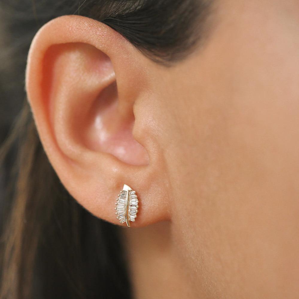 OBFJ0154 - 14k Rose Baguette Diamond Leaf Earrings 4