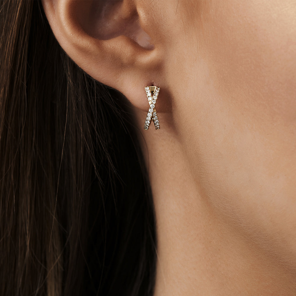 OBFJ2080 - 14k Solid Gold Criss Cross Pave Diamond Earrings 2