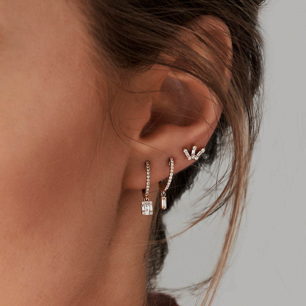 OBFJ2137 - 14k Diamond Huggie Earrings with Dangling Illusion Set Baguette Diamonds 4