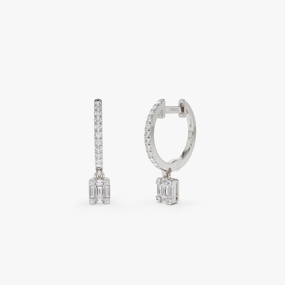 OBFJ2137 - 14k Diamond Huggie Earrings with Dangling Illusion Set Baguette Diamonds 6