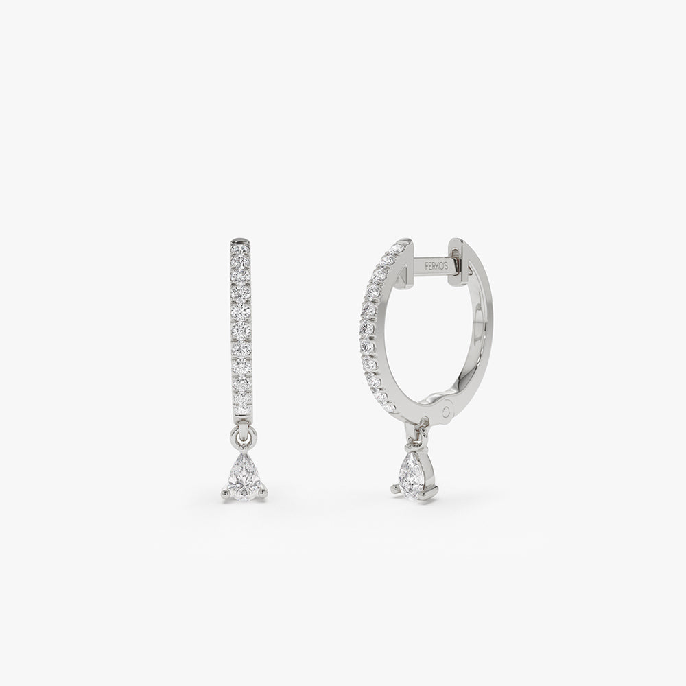 OBFJ2138 - Diamond Huggies with a Dangling Pear Shape Diamond earrings in selectable metal and diamond options - Roselle Jewelry view 4