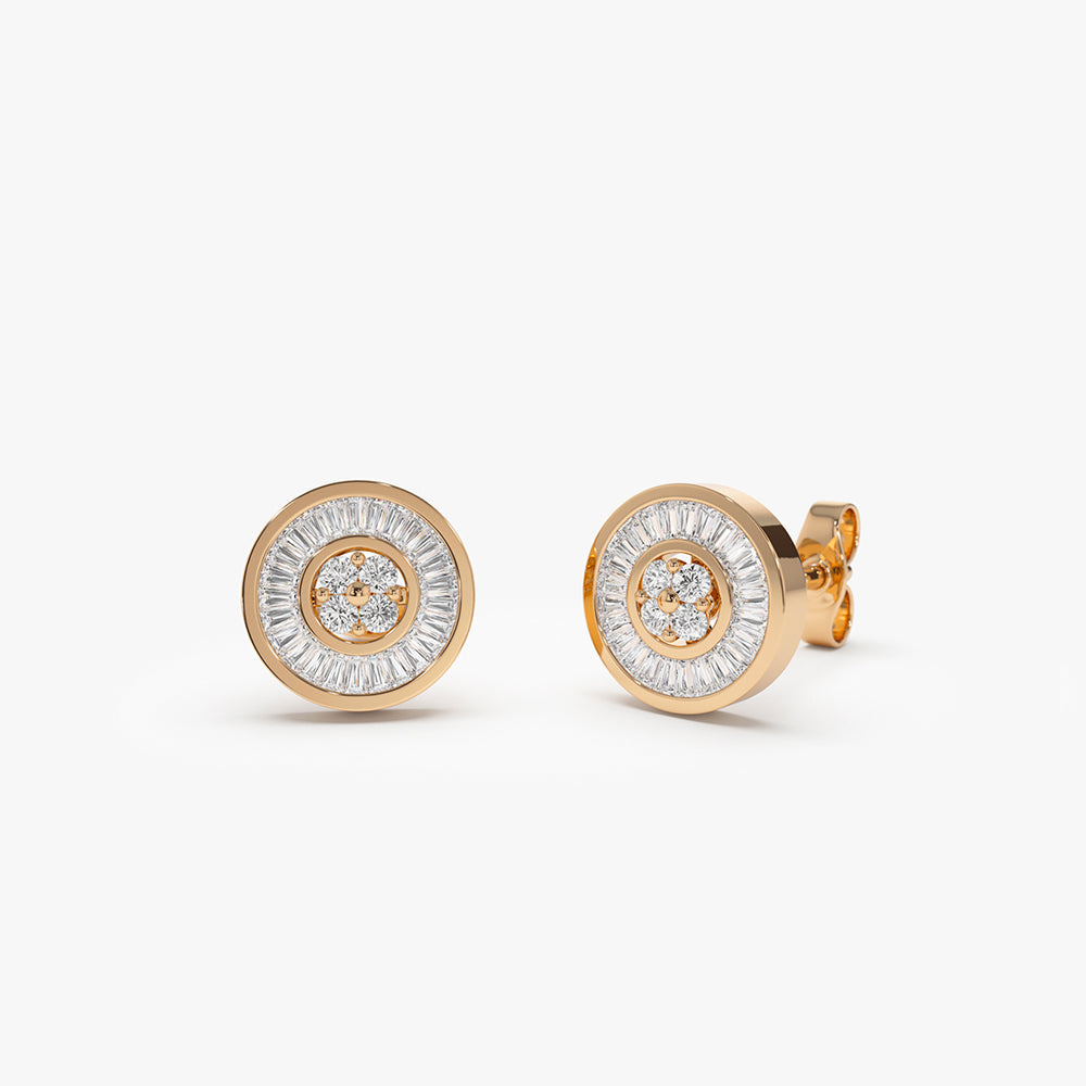 OBFJ0183 - 14k Rose Baguette Diamond Channel Setting Disc Diamond Studs 1