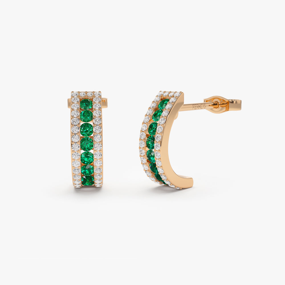 OBFJ2190 - 14k Emerald and Round Diamond Hoop Earrings 6