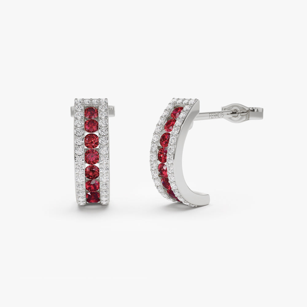 OBFJ1549 - 14k Ruby and Round Diamond Hoop Earrings 6