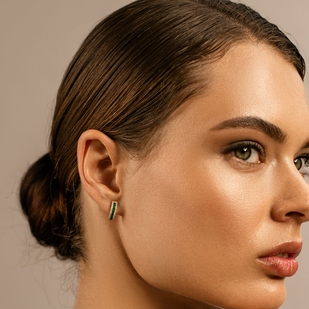 OBFJ2190 - 14k Emerald and Round Diamond Hoop Earrings 2