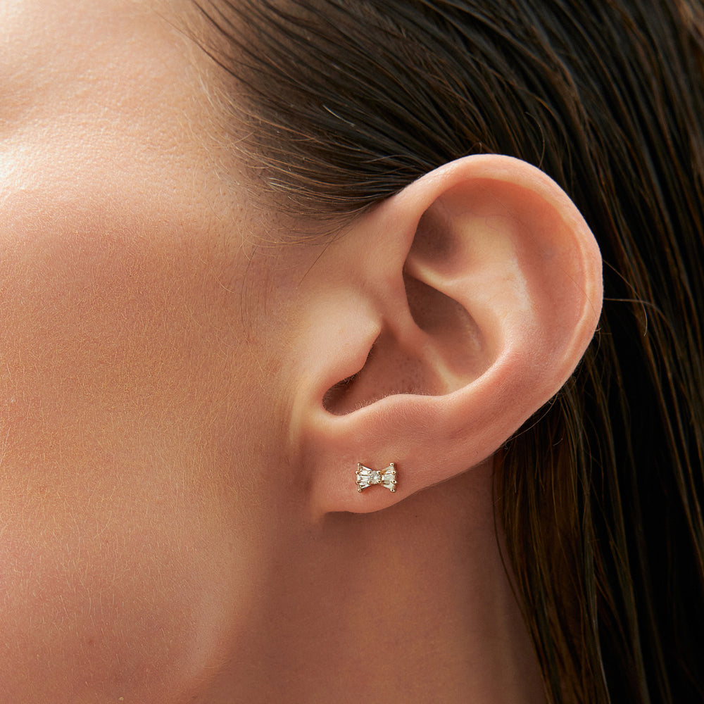 OBFJ0185 - 14k Rose Baguette and Round Diamond Bow Stud Earrings 2