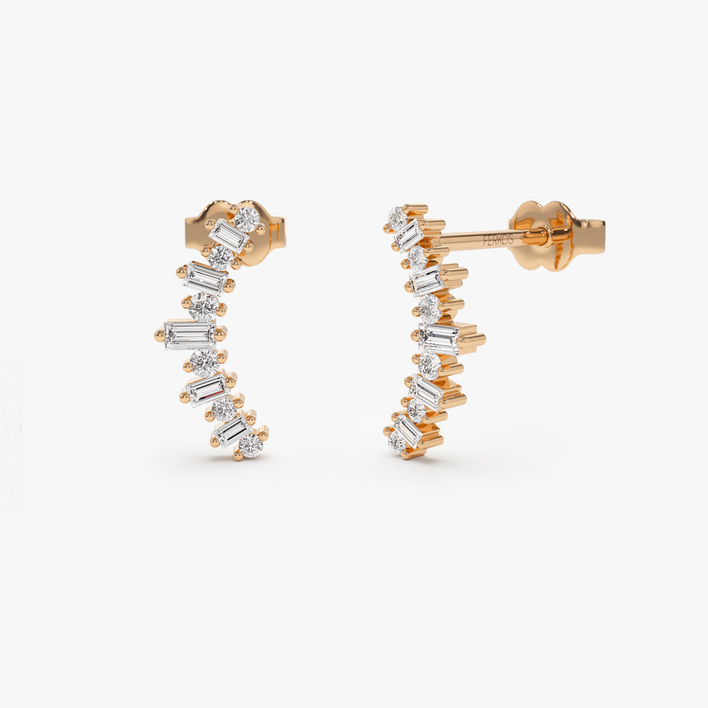OBFJ1556 - 14k Baguette and Round Diamond Ear Crawler Earrings 4