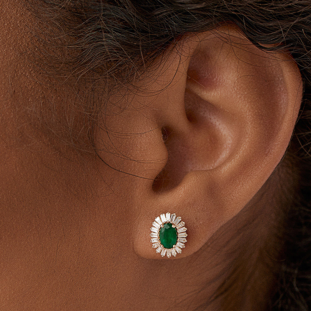 OBFJ1443 - 14k Emerald and Baguette Diamond Ballerina Stud Earrings 2