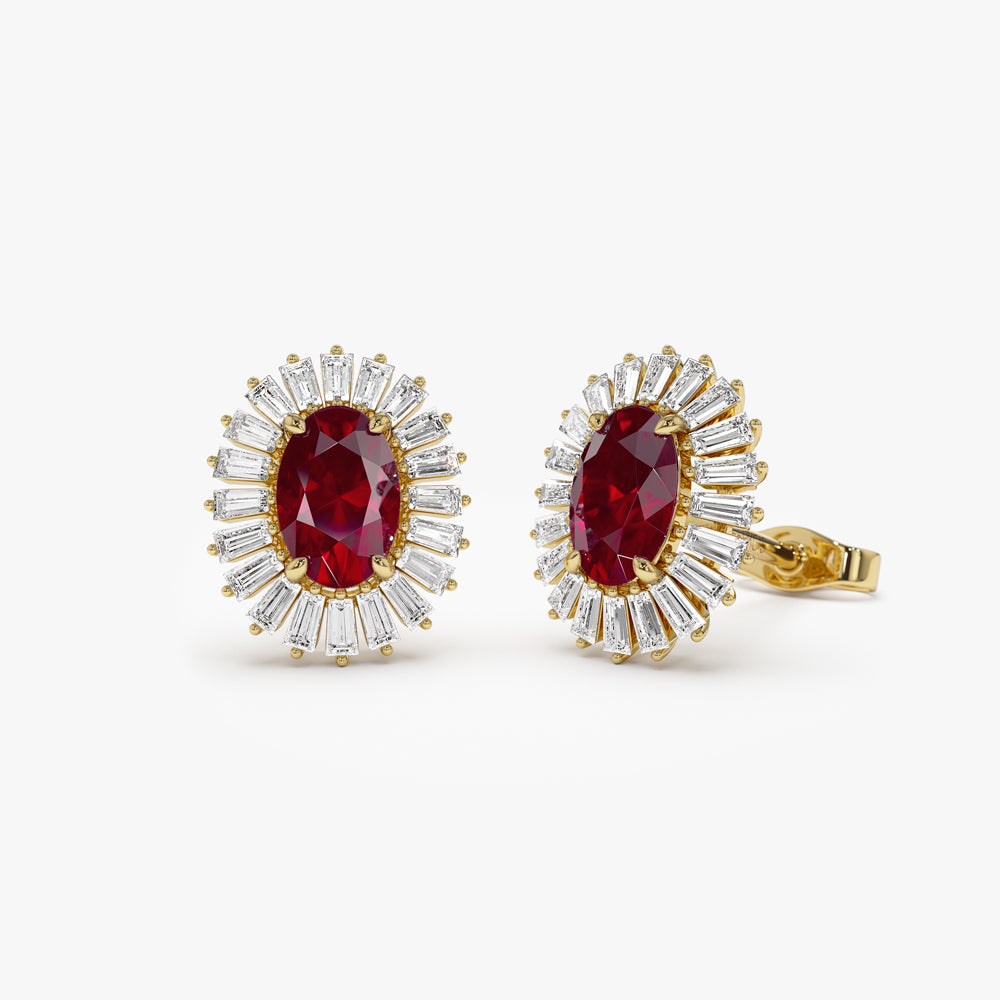 OBFJ1442 - Ruby and Baguette Diamond Ballerina Stud Earrings earrings in selectable metal and diamond options - Roselle Jewelry view 1