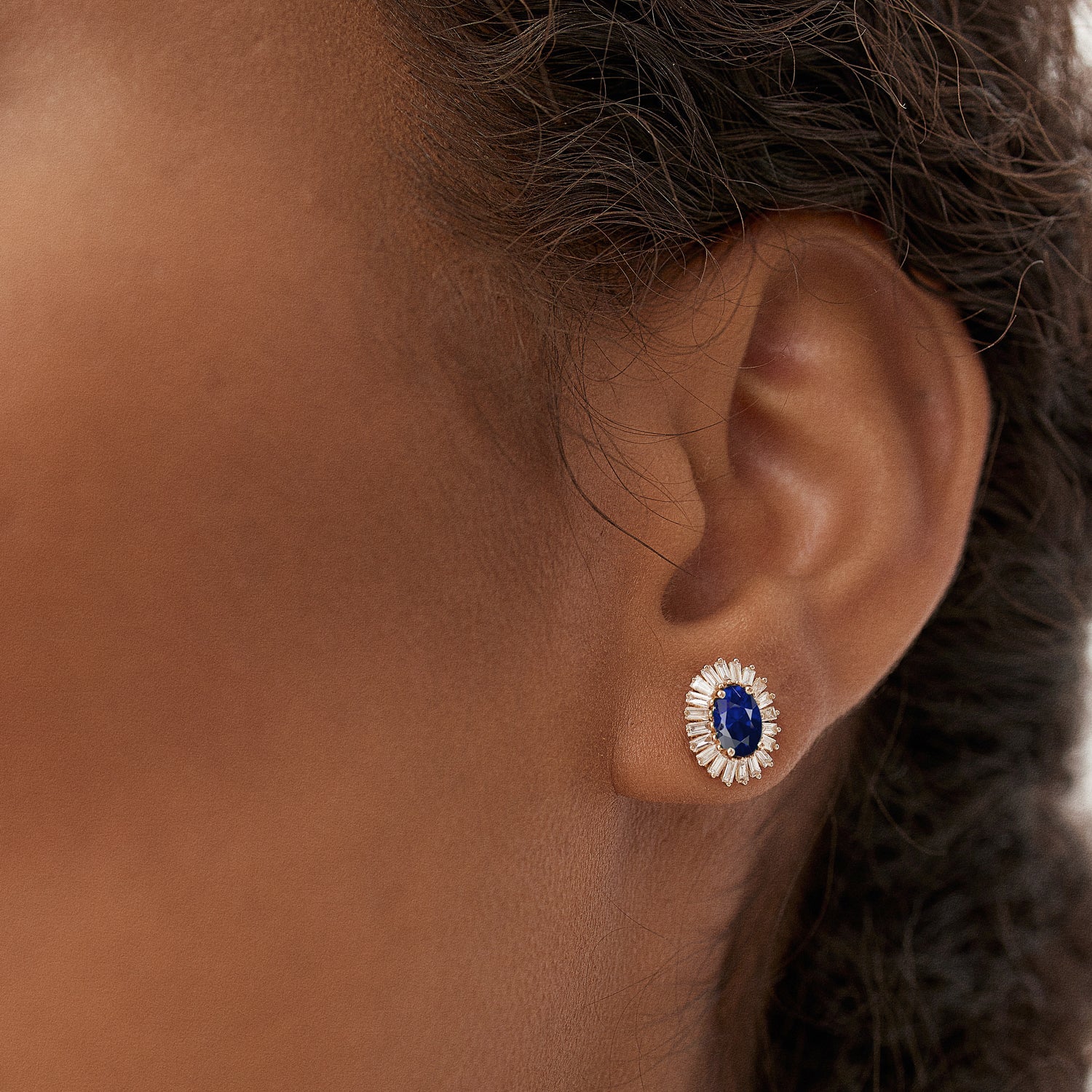 OBFJ1441 - 14k Sapphire and Baguette Diamond Ballerina Stud Earrings 2
