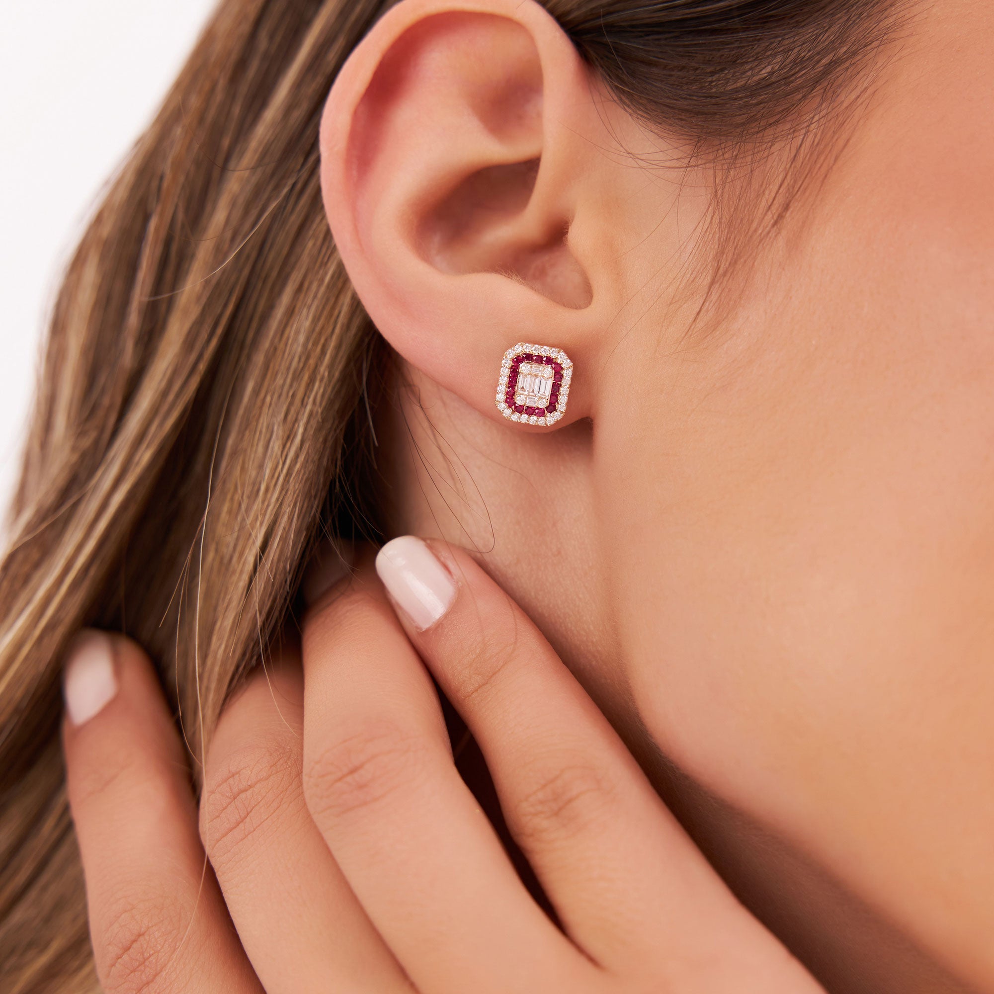 OBFJ1210 - 14k Baguette and Round Ruby Studs Halo Setting 2