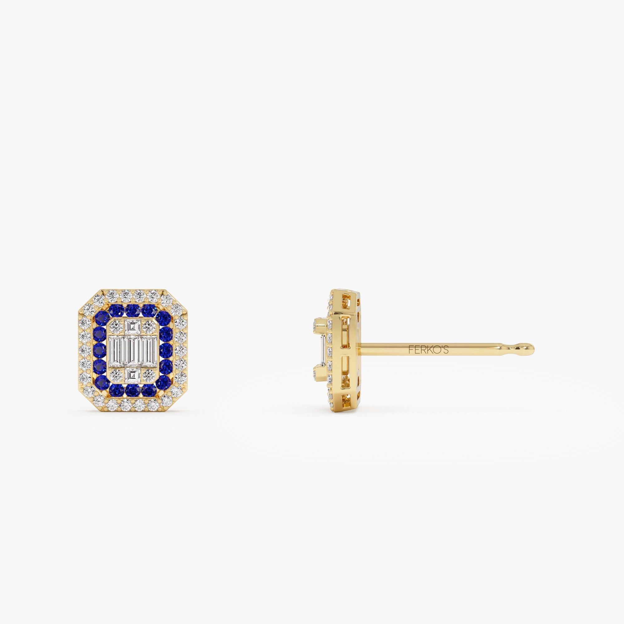 OBFJ1209 - 14k Baguette and Round Sapphire Studs Halo Setting 5