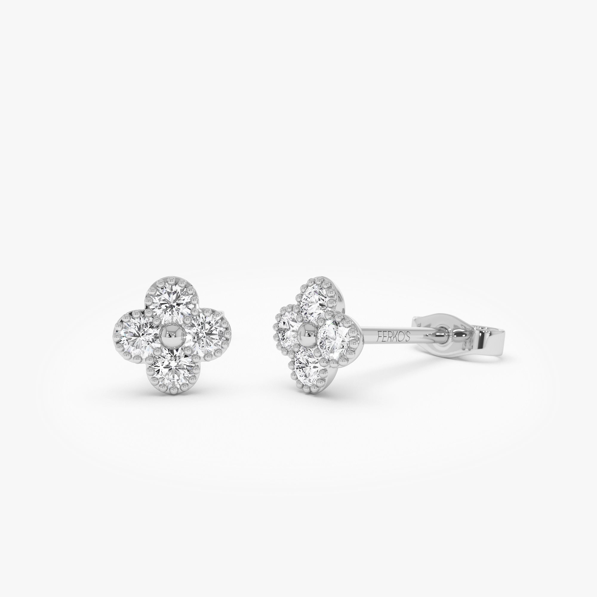 OBFJ1026 - Diamond Clover Beaded Studs earrings in selectable metal and diamond options - Roselle Jewelry view 5