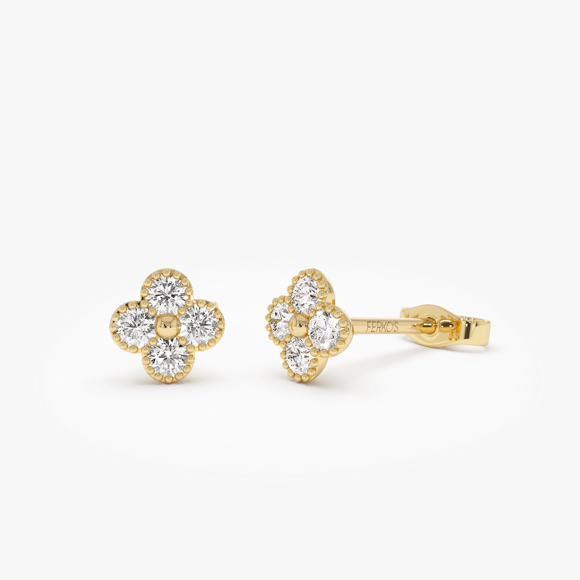OBFJ1026 - Diamond Clover Beaded Studs earrings in selectable metal and diamond options - Roselle Jewelry view 1