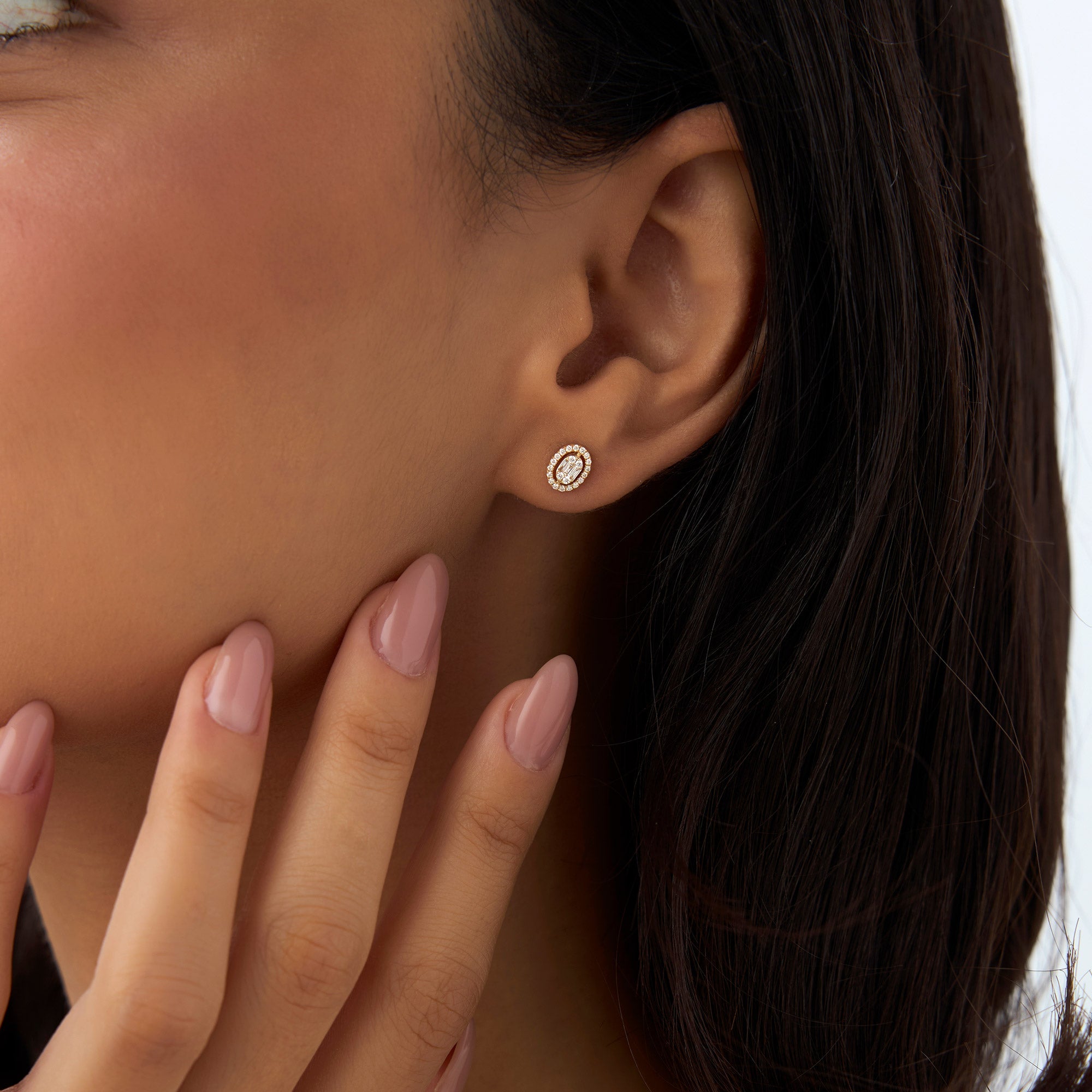 OBFJ0943 - 14k Oval Shaped Baguette & Round Diamond Mini Studs 2