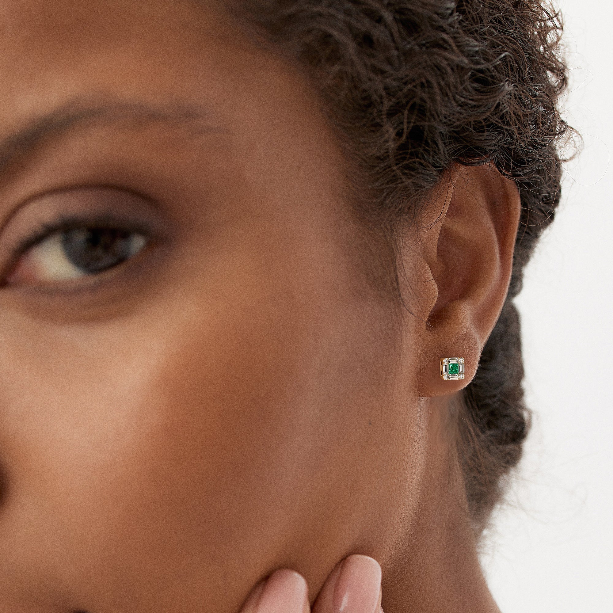OBFJ0878 - 14K Princess-Cut Emerald Stud Earrings with Diamond Halo 5
