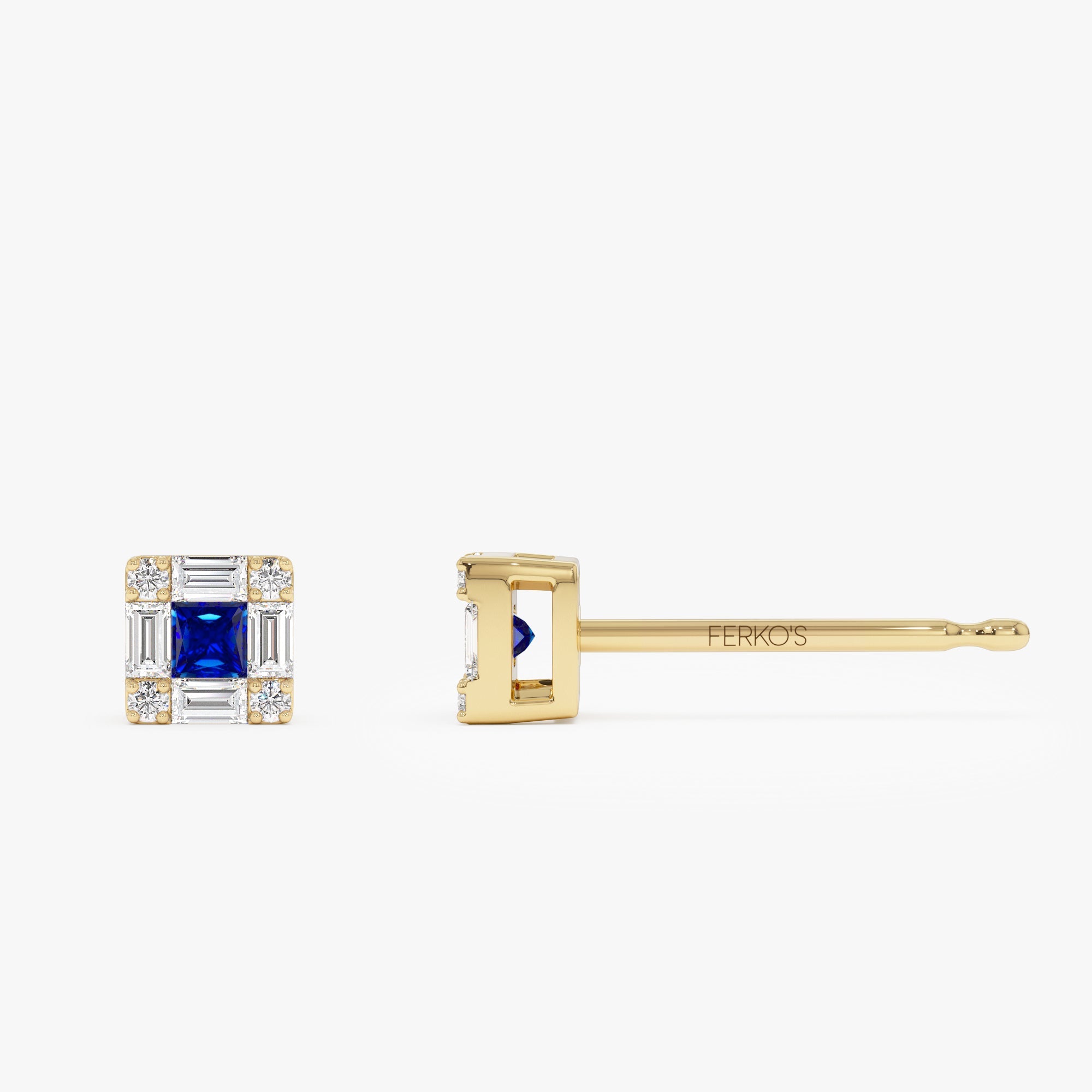 OBFJ0876 - 14K Princess-Cut Sapphire Stud Earrings with Diamond Halo 7