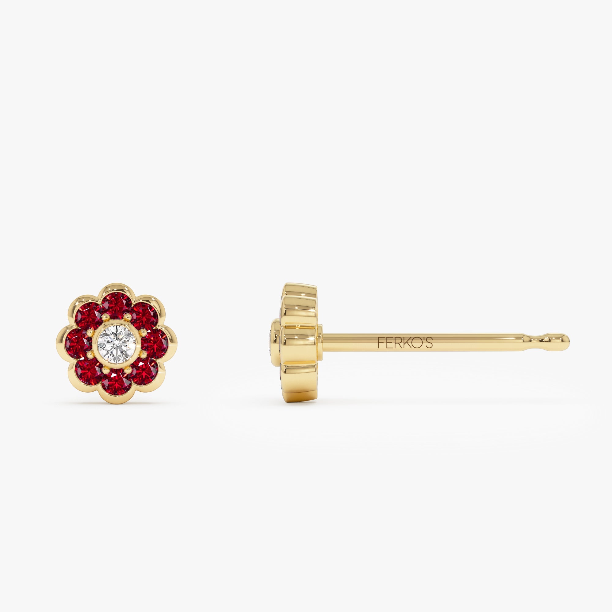 OBFJ0891 - 14K Bezel Setting Ruby Flower Diamond Studs 7