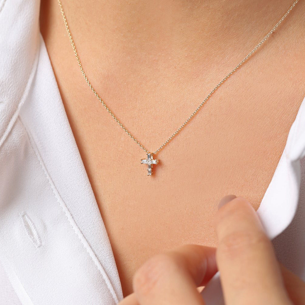 OBFJ1881 - Baguette Diamond Tiny Cross Necklace necklace in selectable metal and diamond options - Roselle Jewelry view 5
