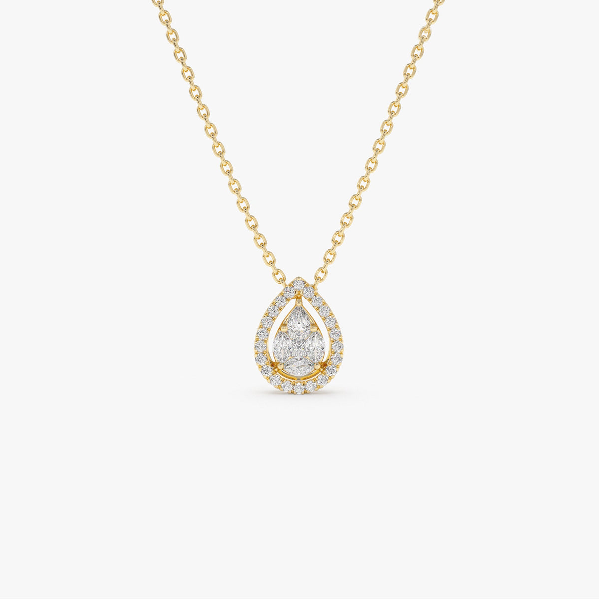 OBFJ2160 - Pear Shaped Illusion Setting Halo Diamond Necklace necklace in selectable metal and diamond options - Roselle Jewelry view 1