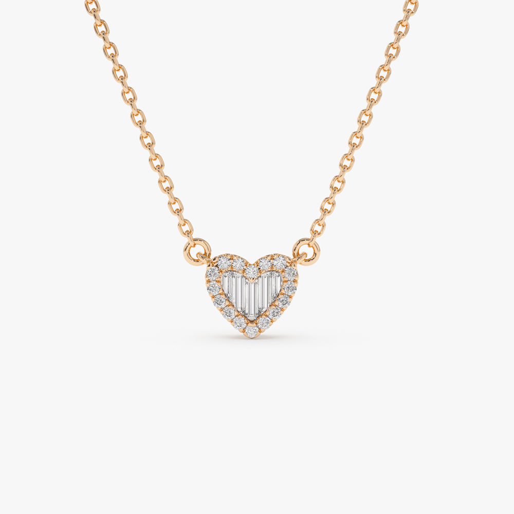 OBFJ2236 - Round and Baguette Diamond Mini Heart Necklace in necklace in selectable metal and diamond options - Roselle Jewelry view 7