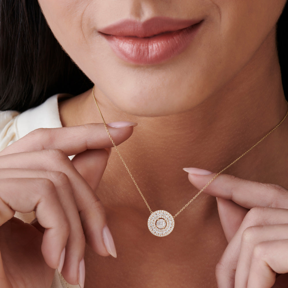 OBFJ2274 - Illusion Setting Solitaire Diamond in Halo Setting necklace in selectable metal and diamond options - Roselle Jewelry view 3