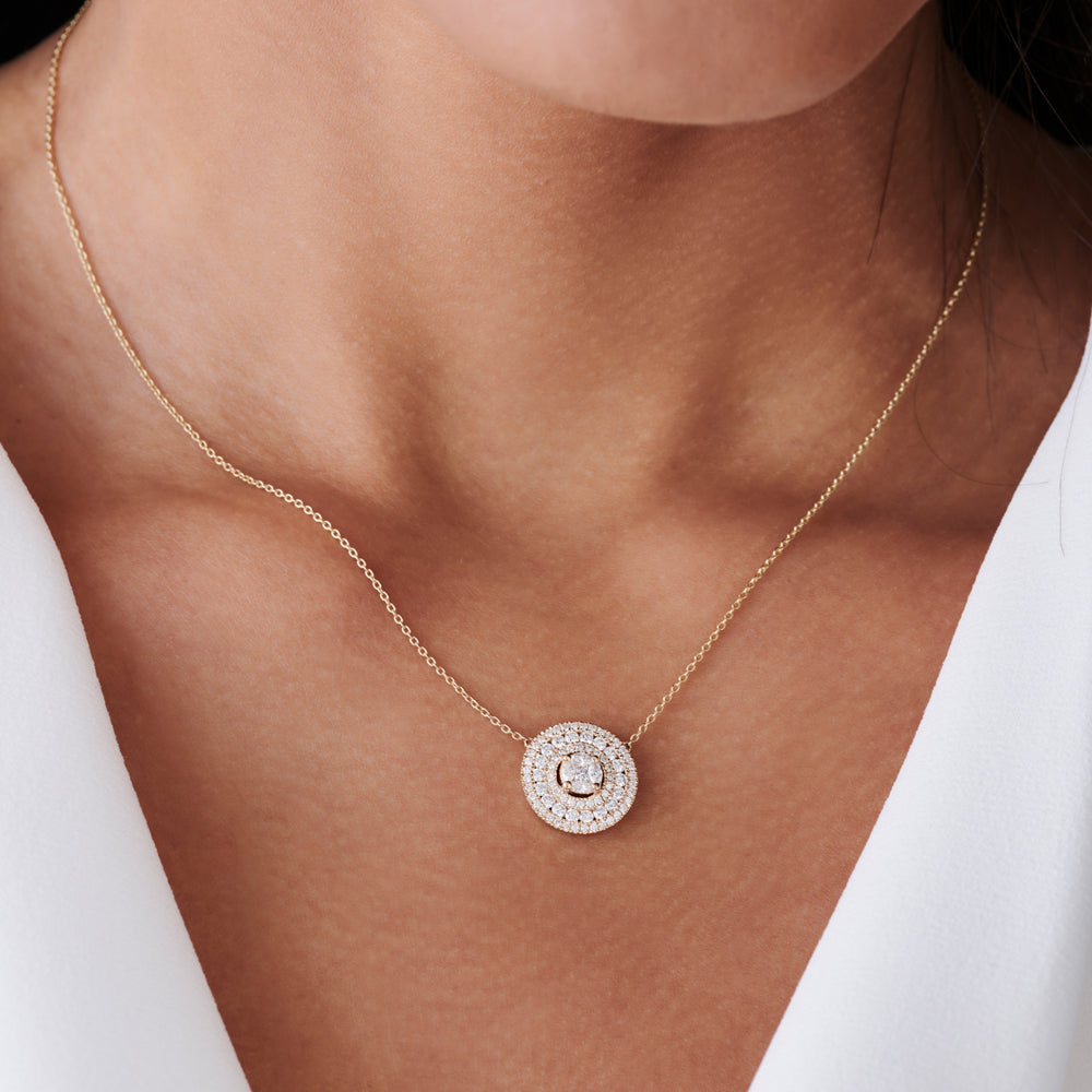 OBFJ2274 - Illusion Setting Solitaire Diamond in Halo Setting necklace in selectable metal and diamond options - Roselle Jewelry view 4