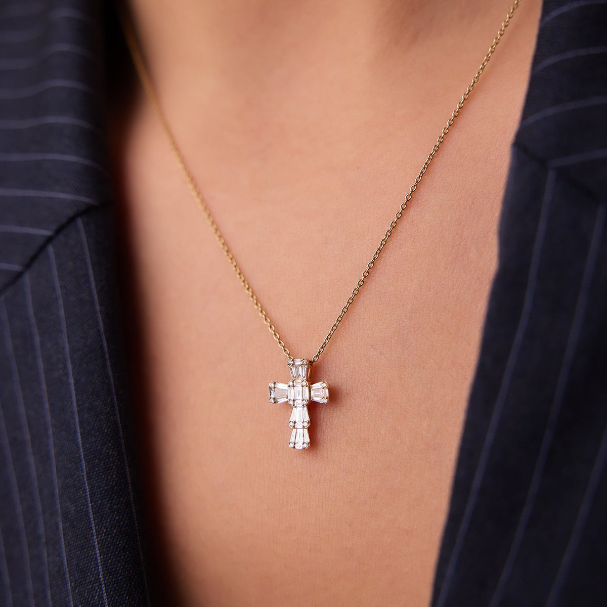 OBFJ1436 - Illusion Setting Baguette Diamond Cross necklace in selectable metal and diamond options - Roselle Jewelry view 3