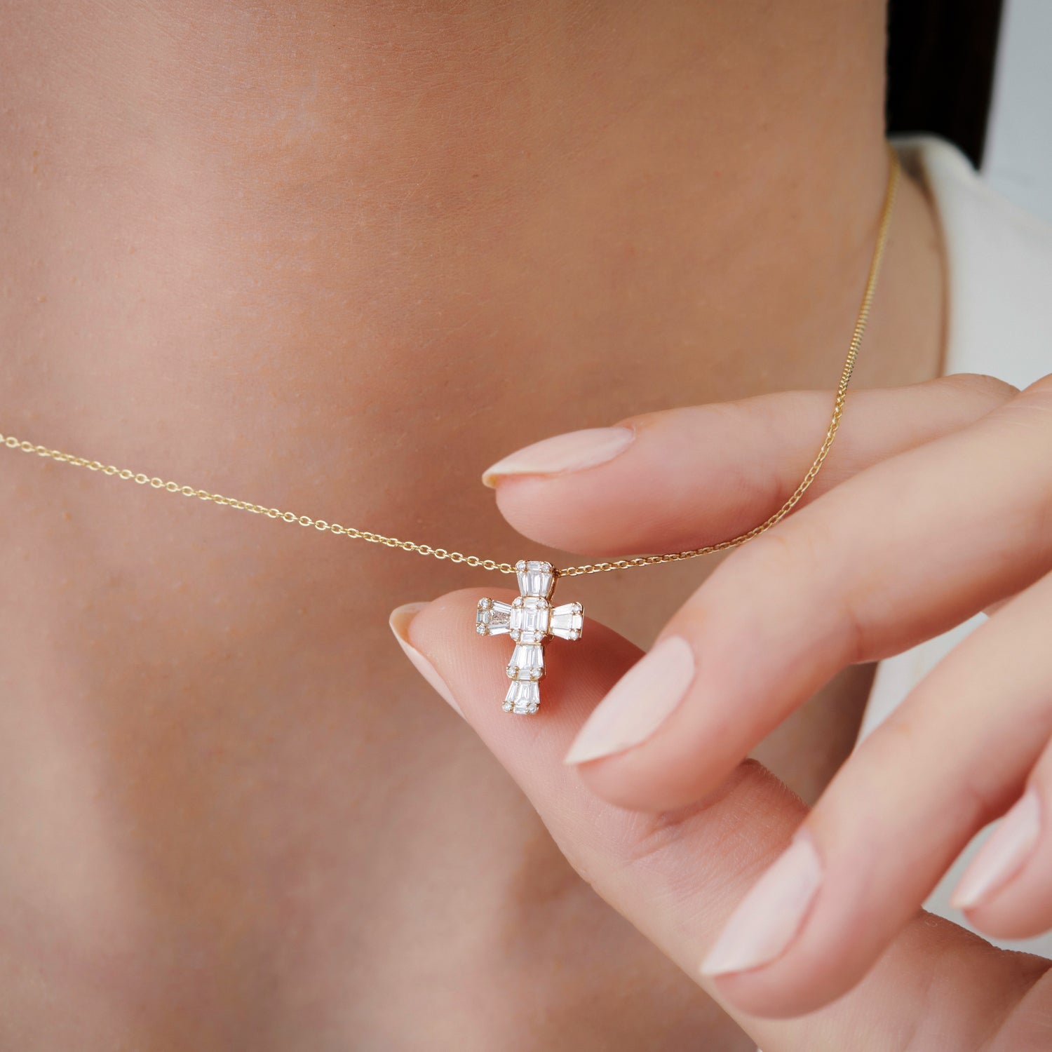 OBFJ1436 - Illusion Setting Baguette Diamond Cross necklace in selectable metal and diamond options - Roselle Jewelry view 2