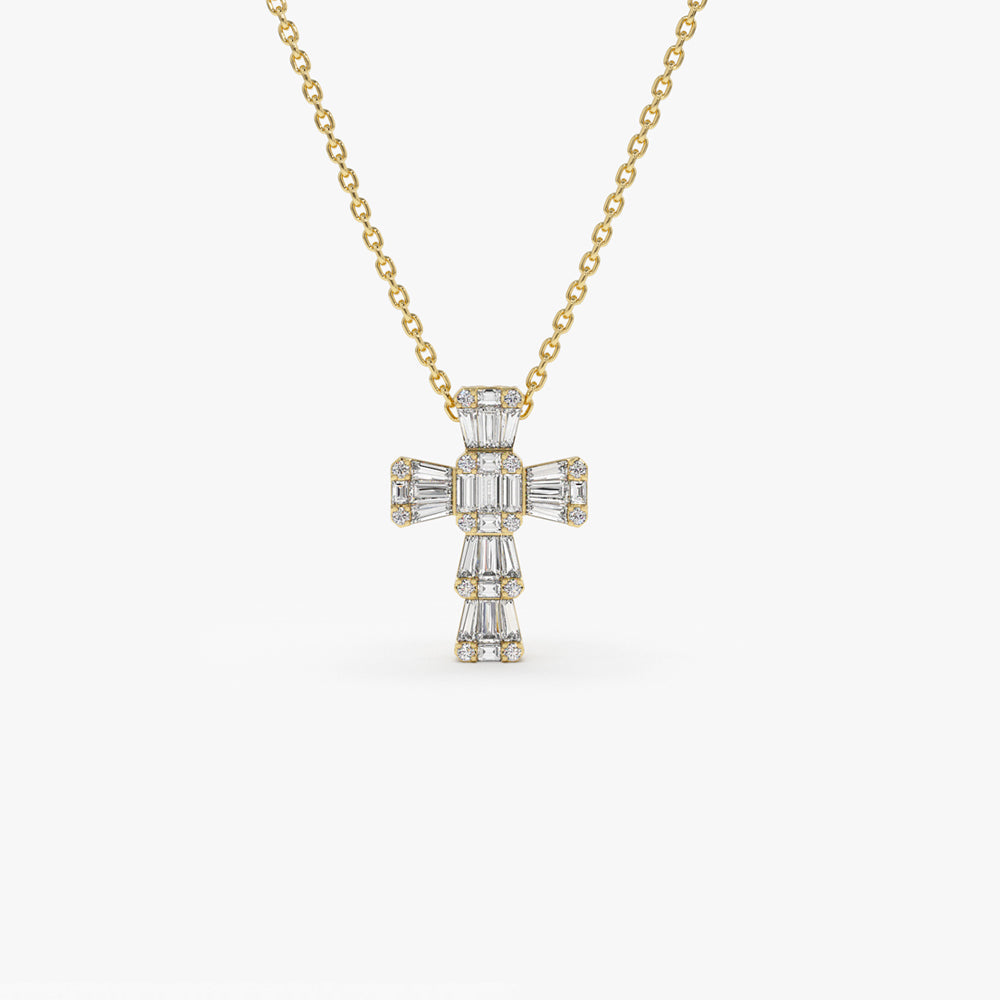 OBFJ1436 - Illusion Setting Baguette Diamond Cross necklace in selectable metal and diamond options - Roselle Jewelry view 1