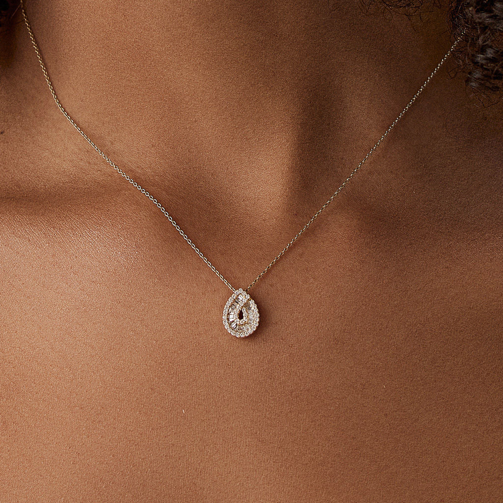 OBFJ1457 - Teardrop Shape Baguette and Round Diamond Statement Necklace necklace in selectable metal and diamond options - Roselle Jewelry view 3