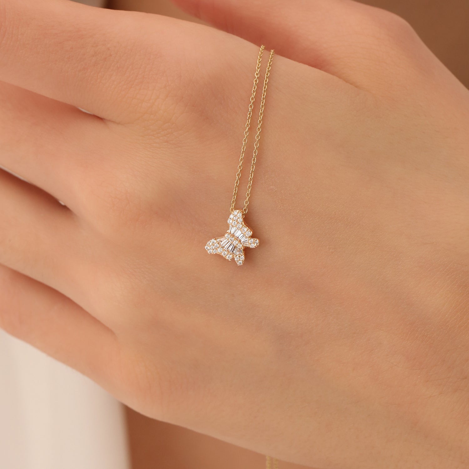 OBFJ0223 - 14k Rose Baguette Diamond Butterfly Necklace 4