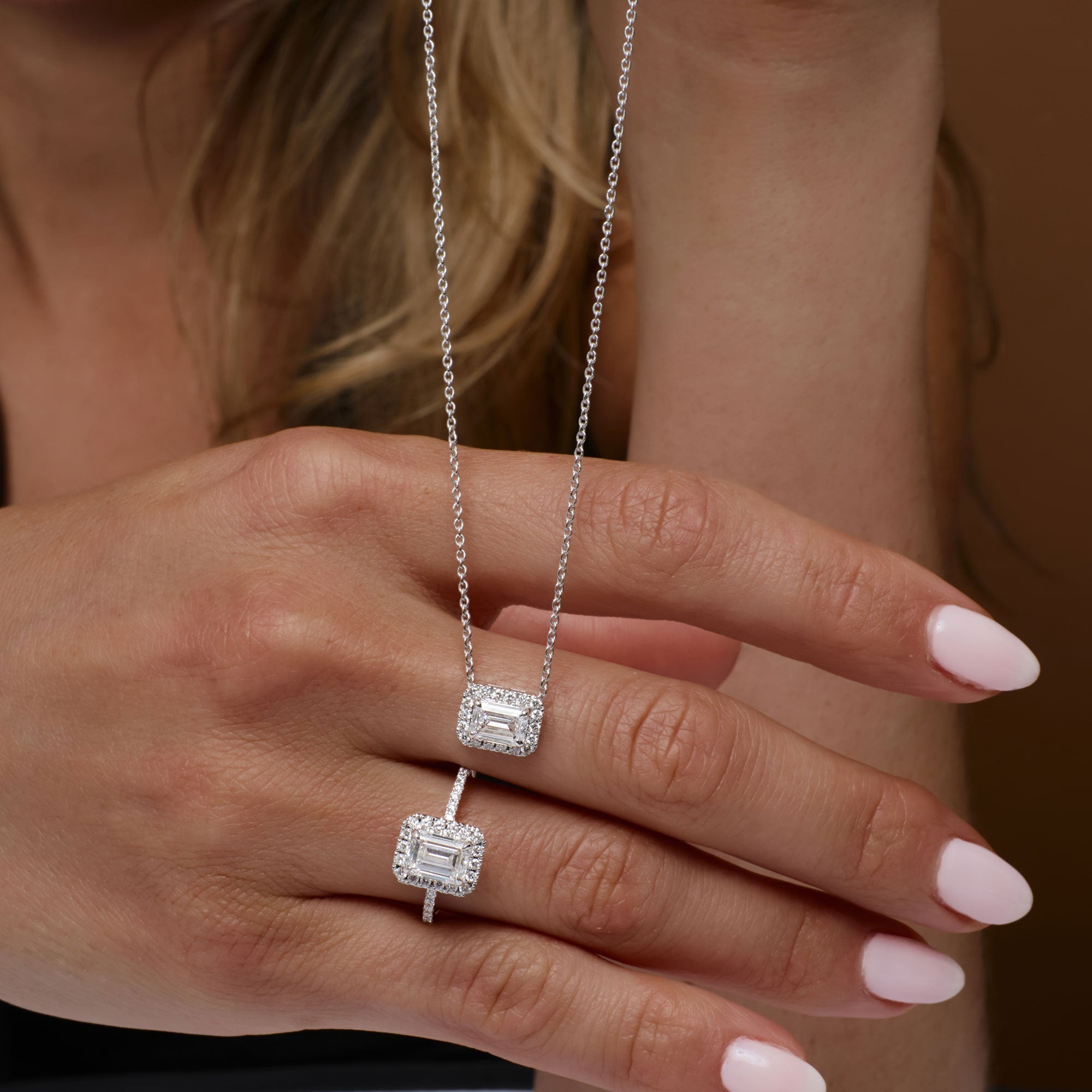 OBFJ1364 - 0.90 ctw 14K Halo Setting Emerald Cut Lab Grown Diamond Necklace - Taylor 6