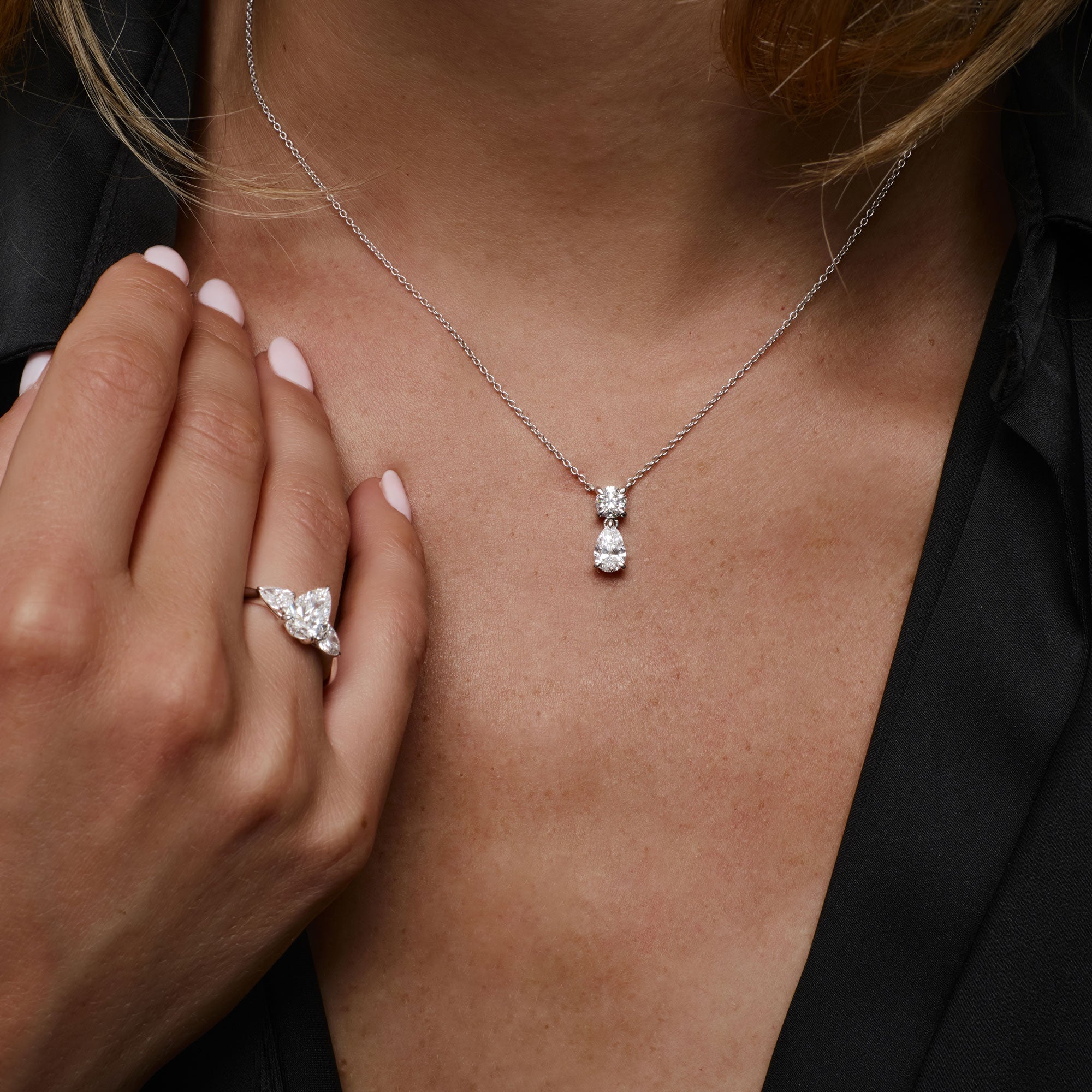 OBFJ1362 - 1.25 ctw 14K Basket Setting Pear Shape & Round Cut Lab Grown Diamond Necklace - Lila 2