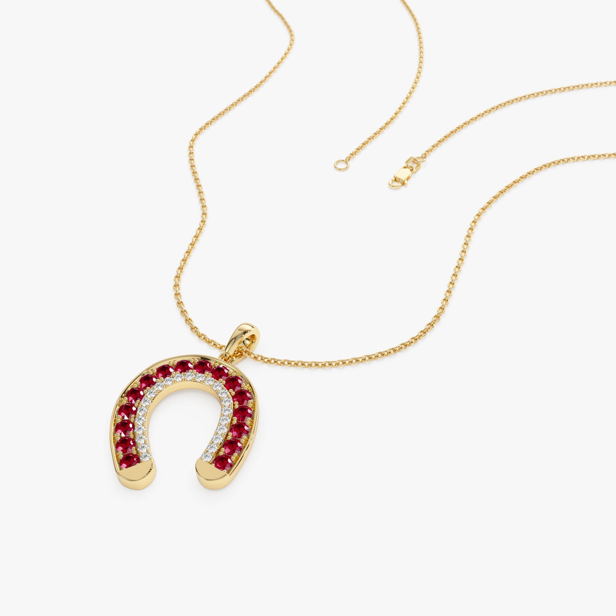 OBFJ1189 - Ruby and Diamond Horseshoe Pendant necklace in selectable metal and diamond options - Roselle Jewelry view 6