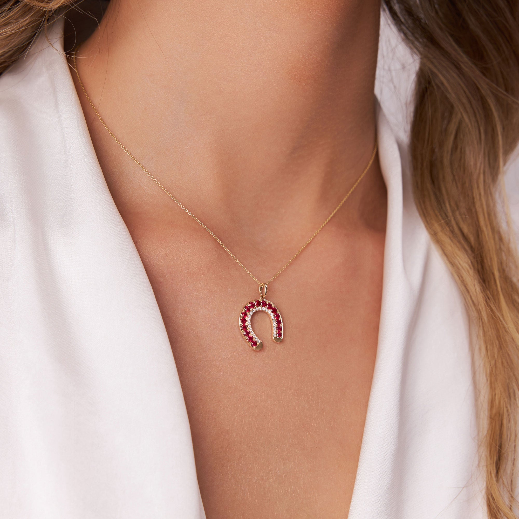 OBFJ1189 - Ruby and Diamond Horseshoe Pendant necklace in selectable metal and diamond options - Roselle Jewelry view 3