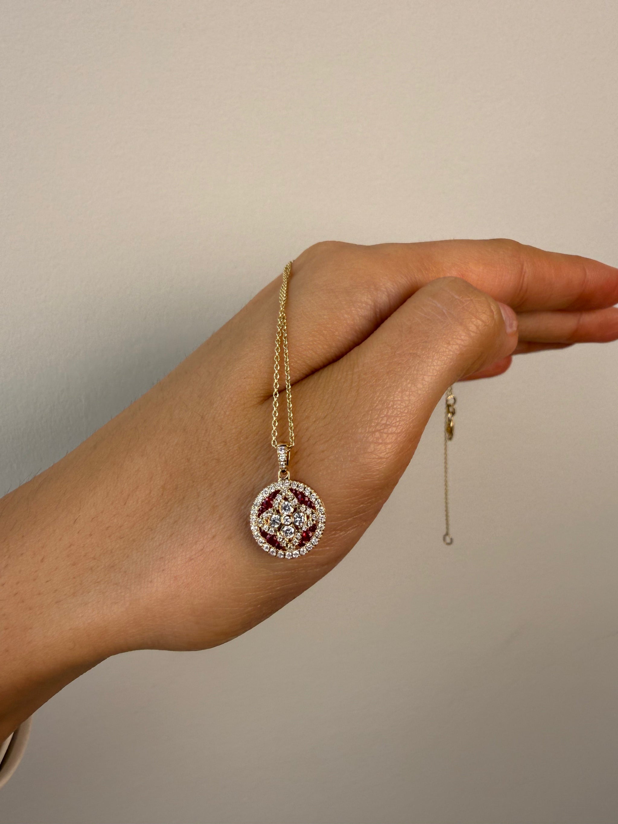 OBFJ0057 - 14k Gold Ruby and Diamond Floral Design Necklace 2