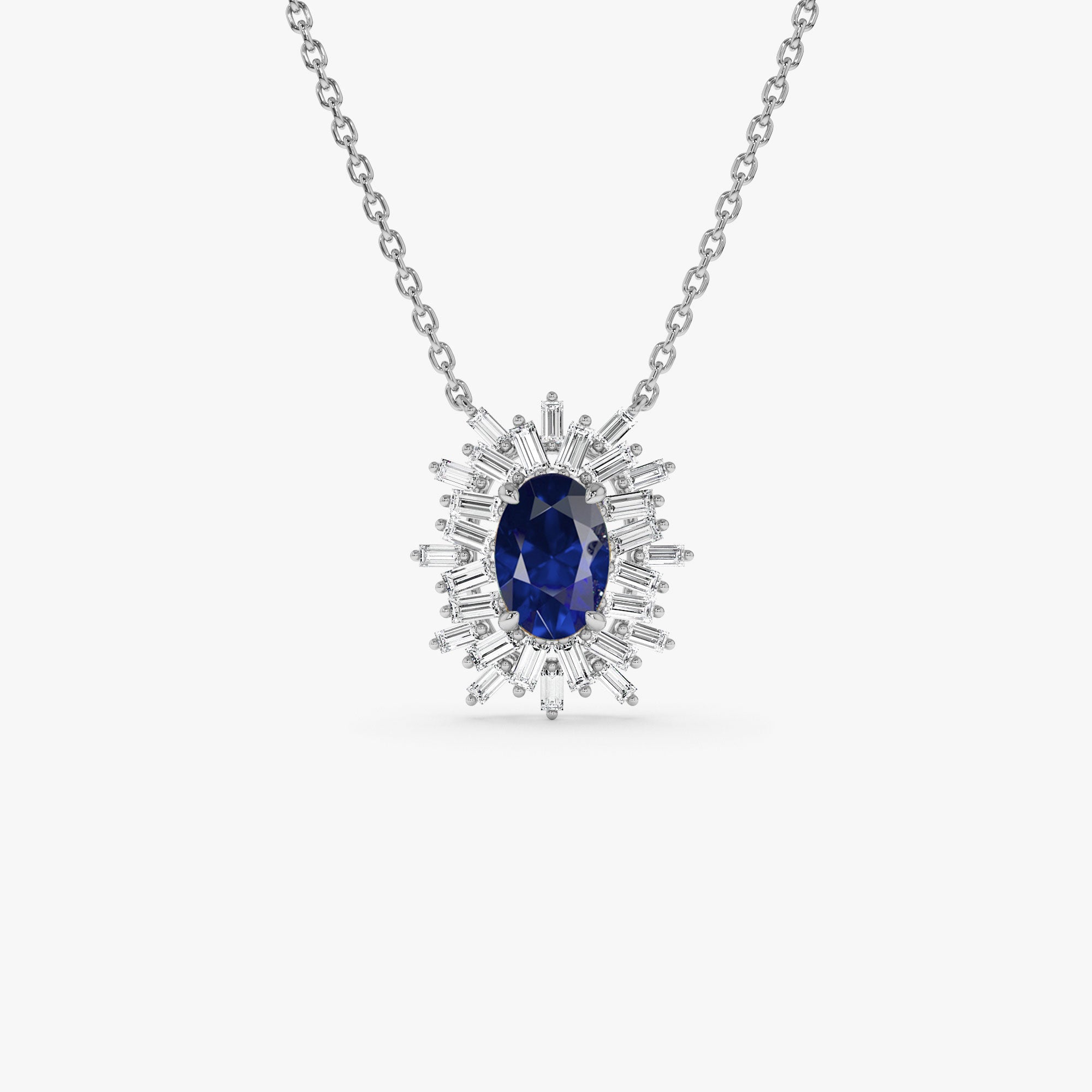 OBFJ1184 - 14k Oval Shape Sapphire Necklace with Ballerina Baguettes 6