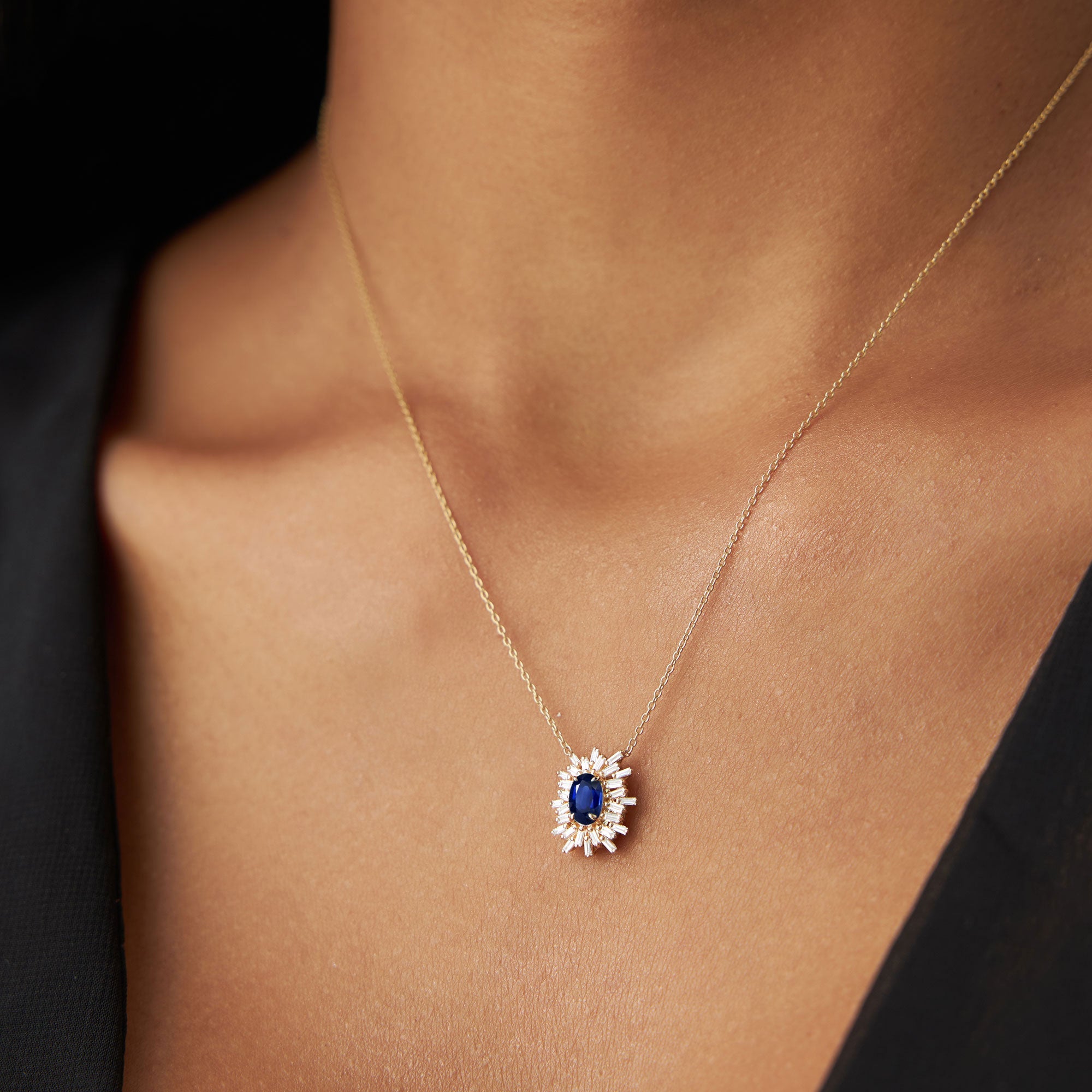 OBFJ1184 - 14k Oval Shape Sapphire Necklace with Ballerina Baguettes 5