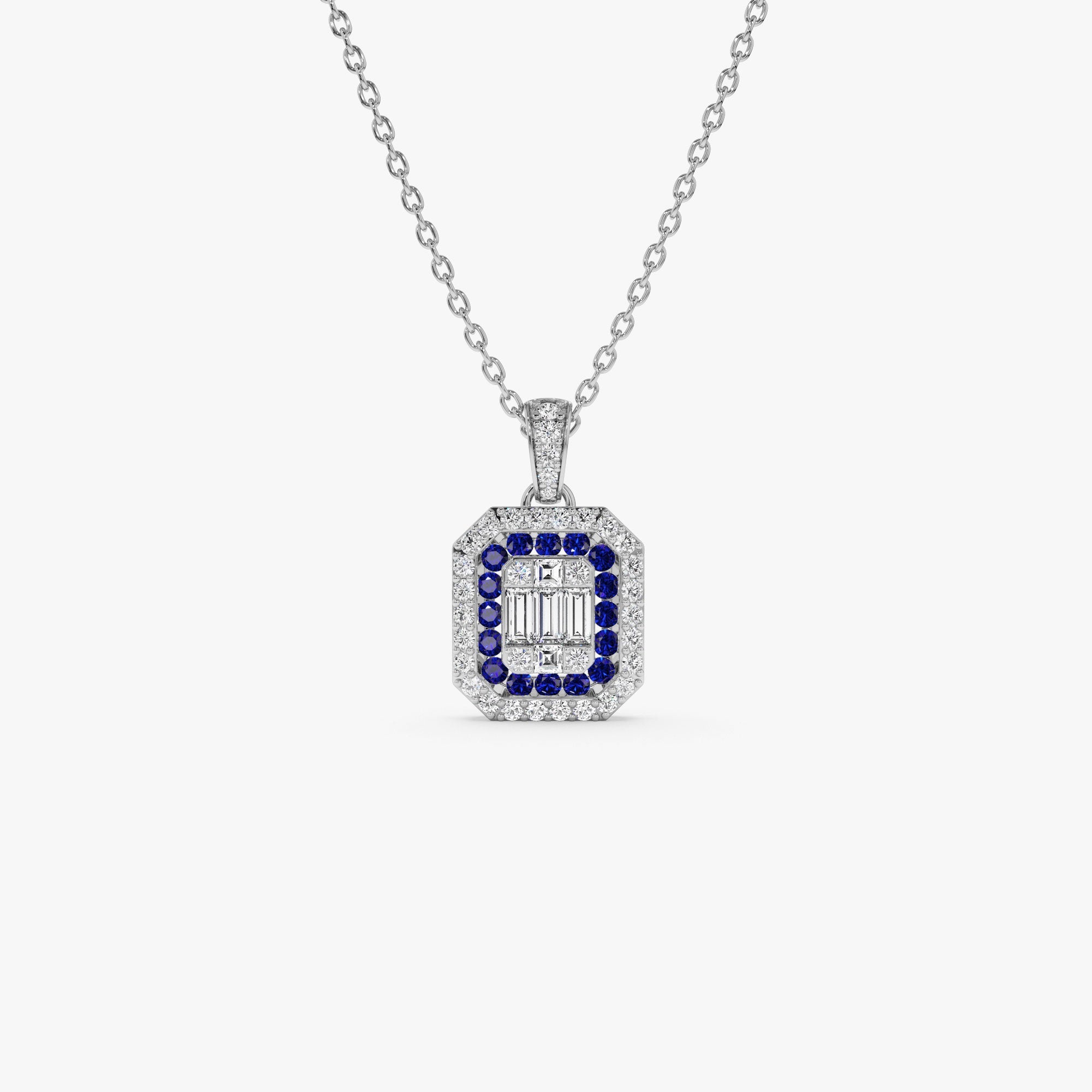 OBFJ1102 - 14k Baguette and Round Sapphire Necklace with Halo Setting 4