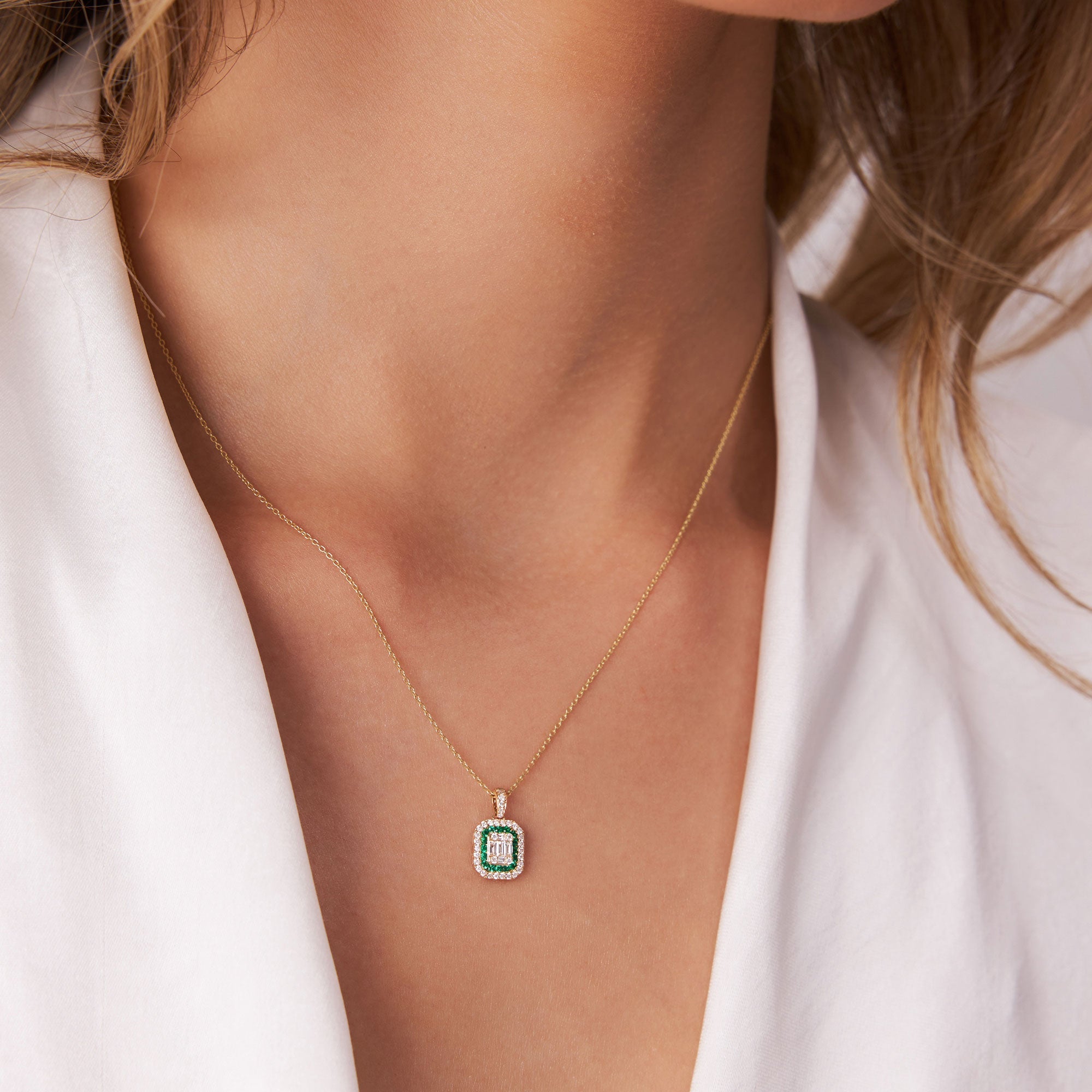 OBFJ1104 - 14k Baguette and Round Emerald Necklace with Halo Setting 3