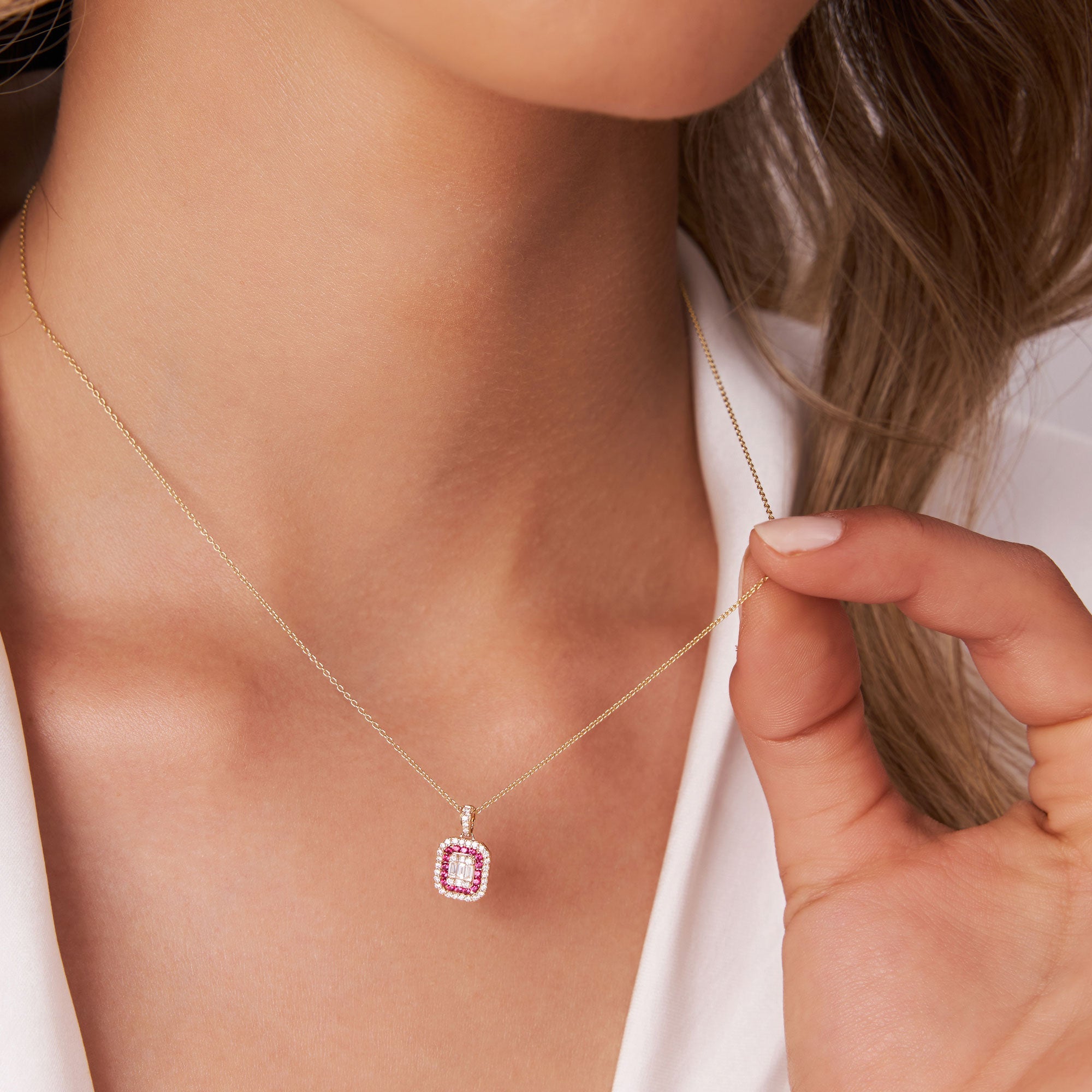 OBFJ1103 - 14k Baguette and Round Ruby Necklace with Halo Setting 2