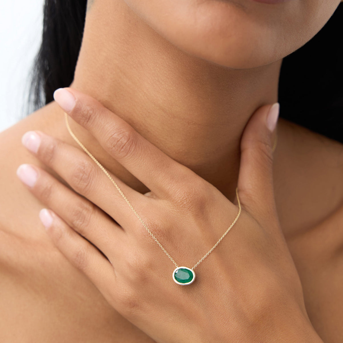 OBFJ1082 - 1.55 - 2.20 Ctw Oval Shaped Bezel Setting Emerald Necklace necklace in selectable metal and diamond options - Roselle Jewelry view 4
