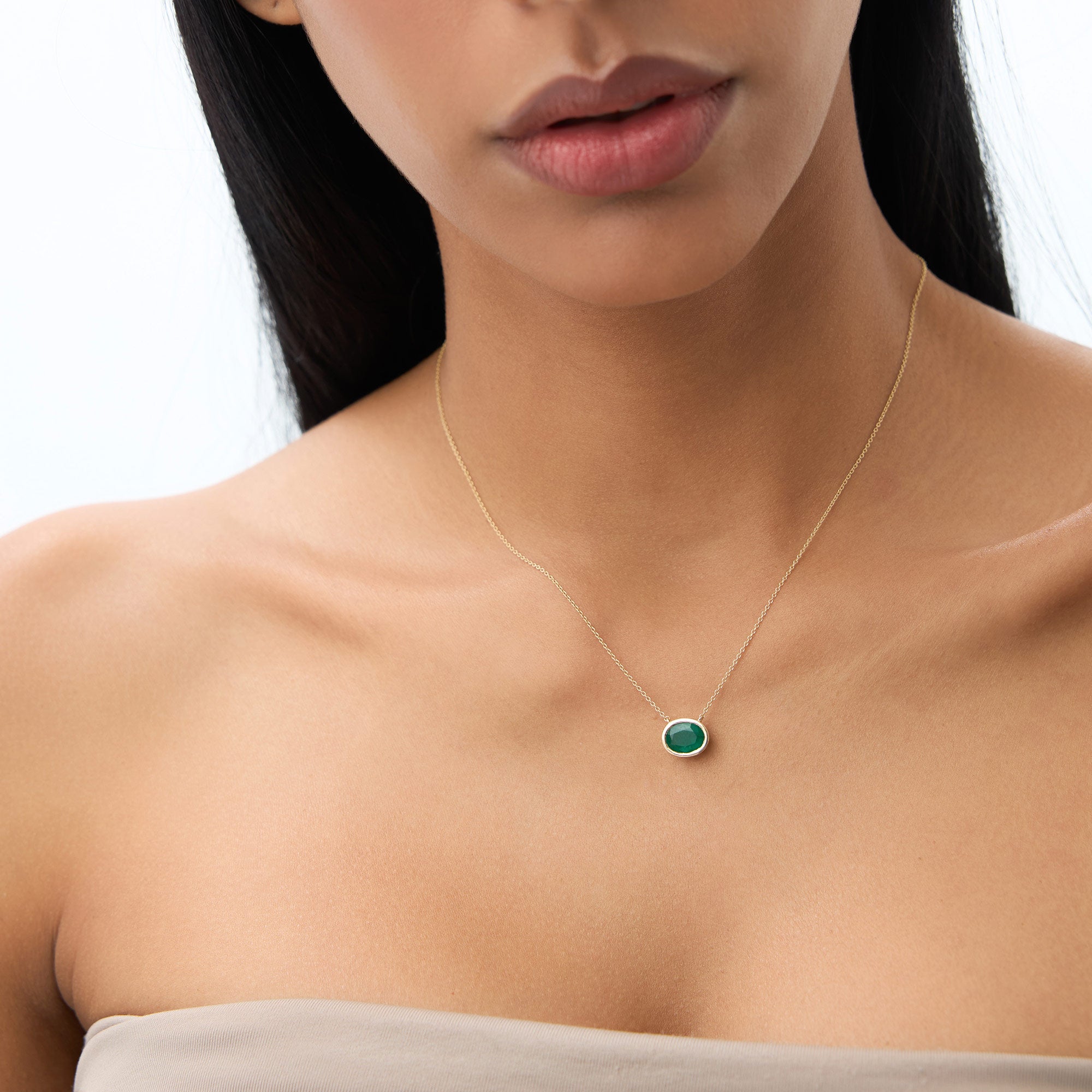 OBFJ1082 - 1.55 - 2.20 Ctw Oval Shaped Bezel Setting Emerald Necklace necklace in selectable metal and diamond options - Roselle Jewelry view 3