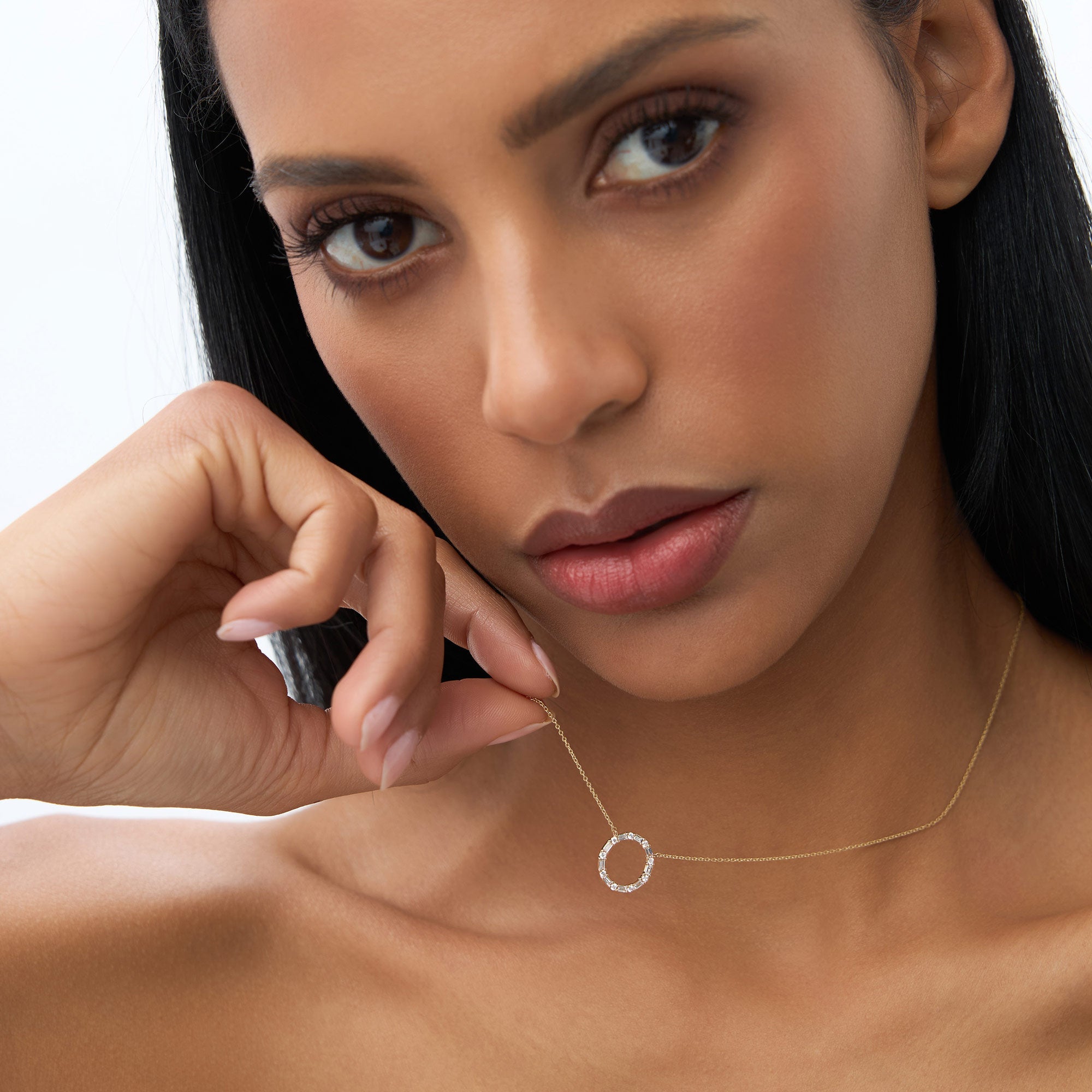 OBFJ1076 - Baguette & Round Diamond Circle Necklace necklace in selectable metal and diamond options - Roselle Jewelry view 6