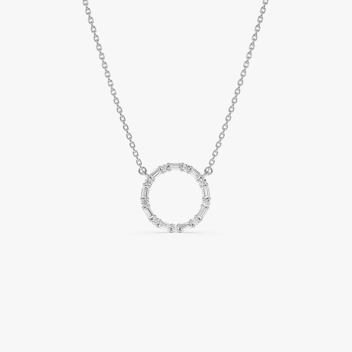OBFJ1076 - Baguette & Round Diamond Circle Necklace necklace in selectable metal and diamond options - Roselle Jewelry view 9