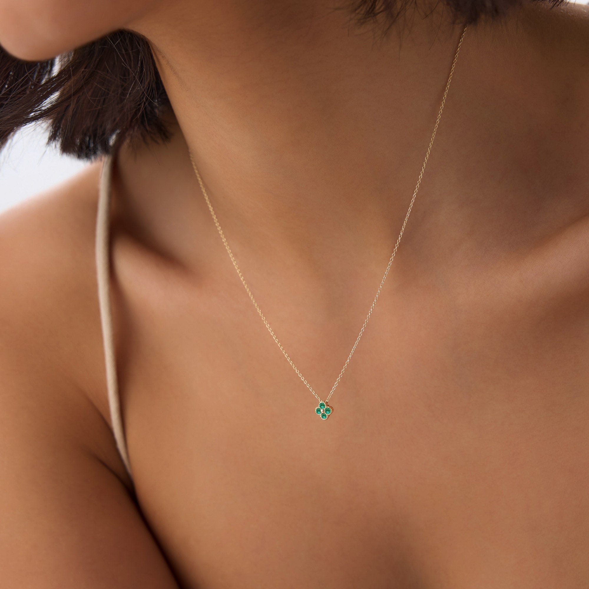 OBFJ1029 - 14k Emerald Clover Beaded Necklace 3
