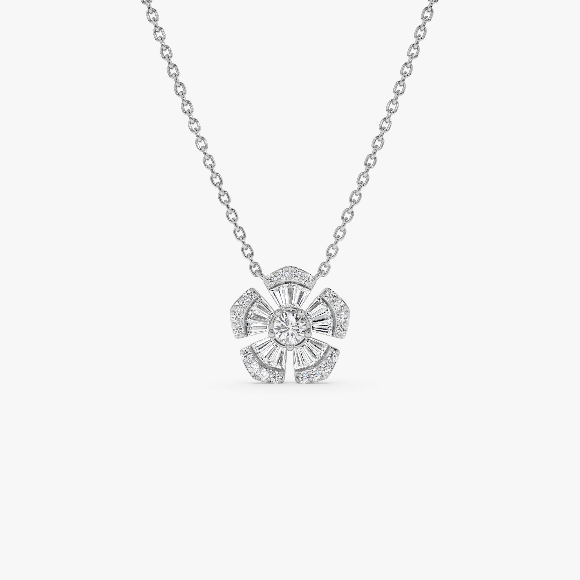OBFJ1016 - 14k Baguette and Round Diamond Flower Necklace 9