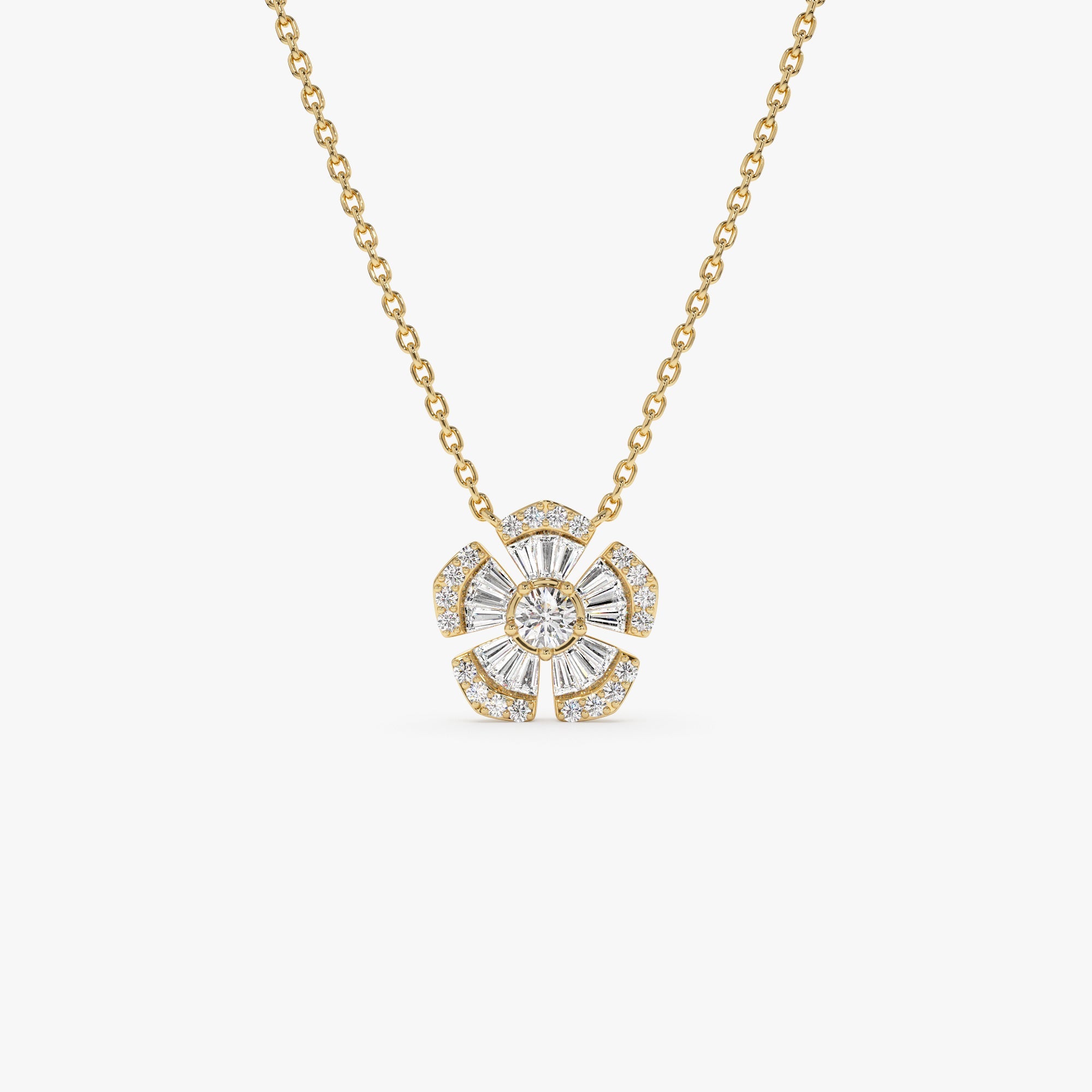 OBFJ1016 - 14k Baguette and Round Diamond Flower Necklace 1