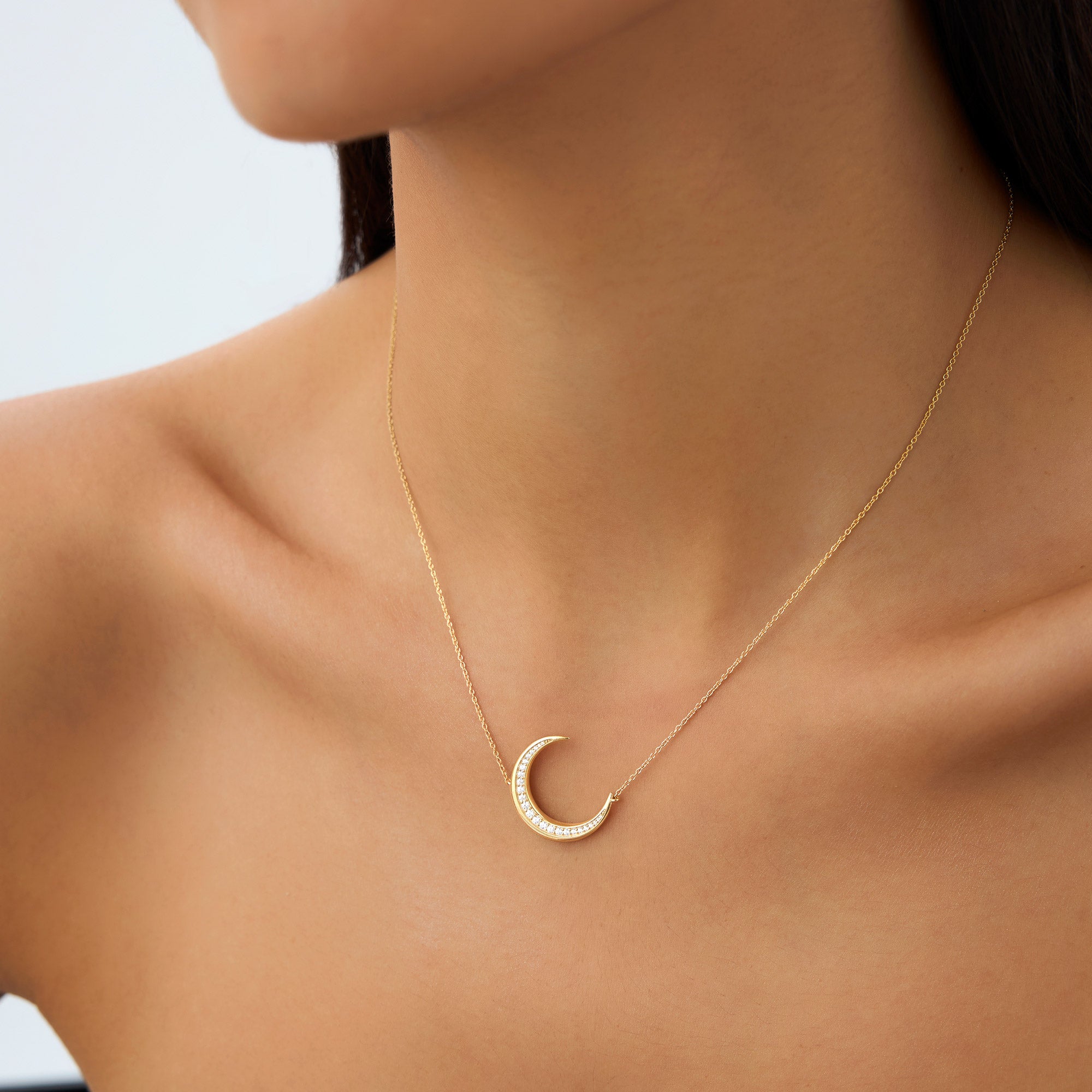 OBFJ1003 - 14k Large Diamond Crescent Moon Necklace 4